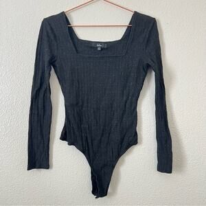 Lulus ribbed knit bodysuit black sparkle metallic square neck long sleeve thong